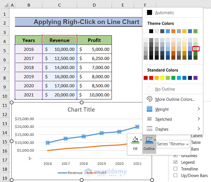 selecting outline color to change color of one line in excel chart