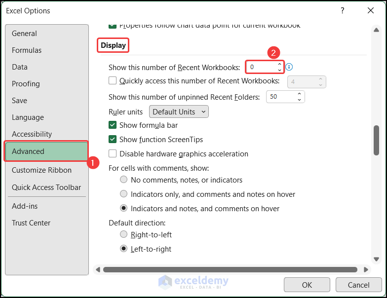 Reducing Recent Workbooks Number from Advanced Option to Clear Excel Temp Files