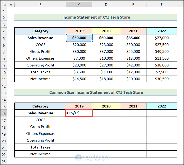 Using excel formula to create common size income statement in Excel