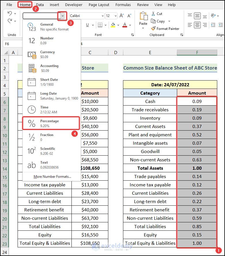 Format Output Table to create a common size balance sheet in Excel