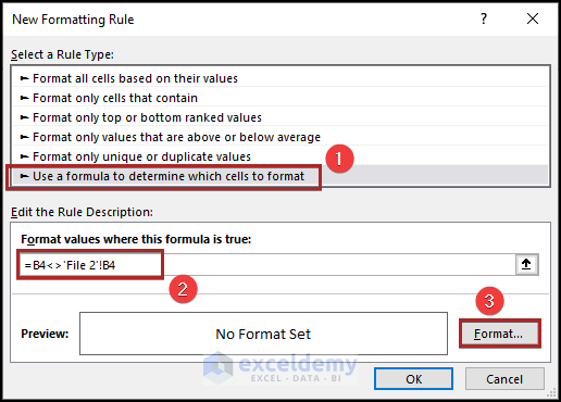 Working on New Formatting Rule dialog box to compare 2 csv files in excel
