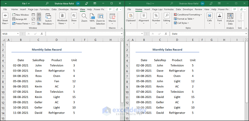 Using View Side by Side tool to Compare 2 CSV files in Excel