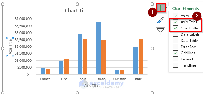 adding axis titles to create a comparison column chart in excel