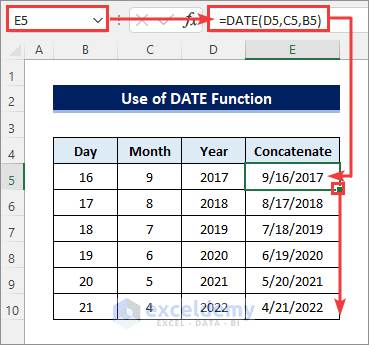concatenate date month year using DATE function