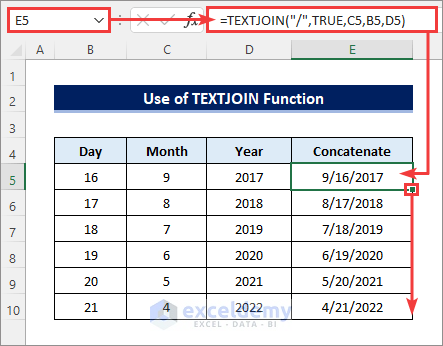concatenate date month year using TEXTJOIN function