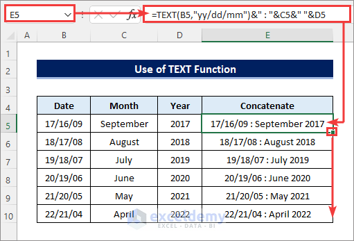 concatenate date month year using TEXT function