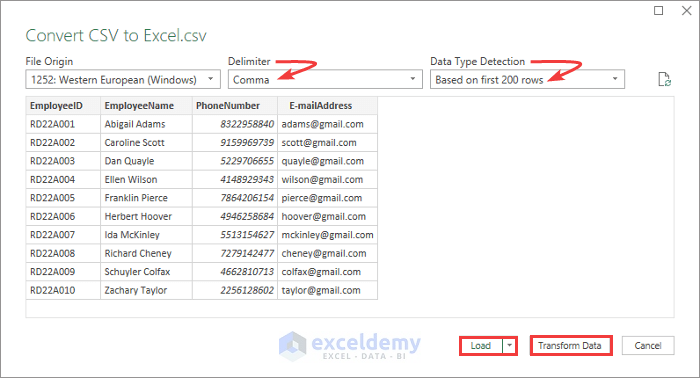 convert CSV to excel preview