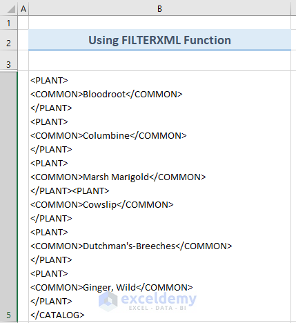 filterxml function to convert XML to columns in excel
