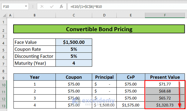 Present Value convertible bond pricing model excel