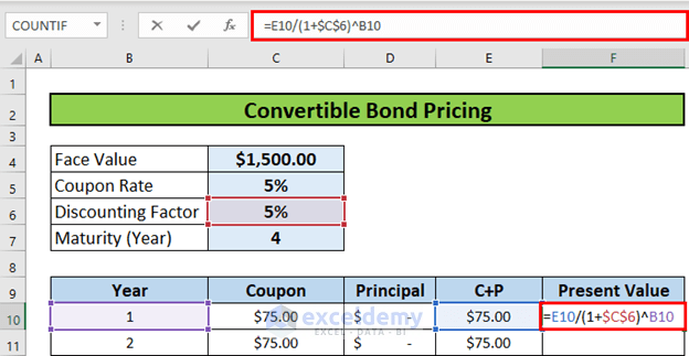 Present Value convertible bond pricing model excel