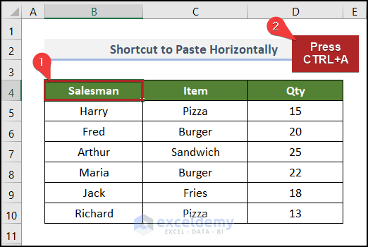 Using Shortcut to Paste Horizontal in Excel