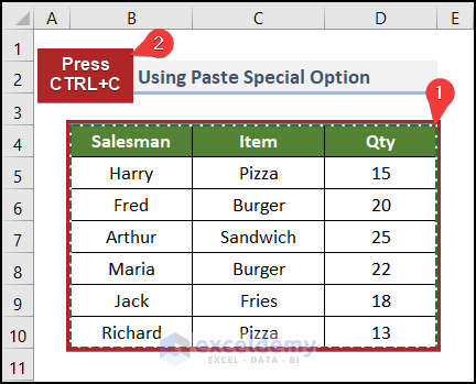 Using Paste Special Option