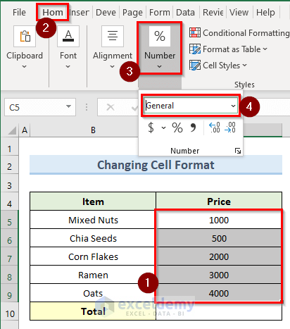 change cell format to solve excel autosum not working