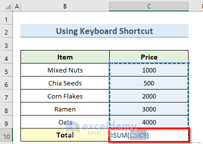 keyboard shortcut to solve excel autosum not working