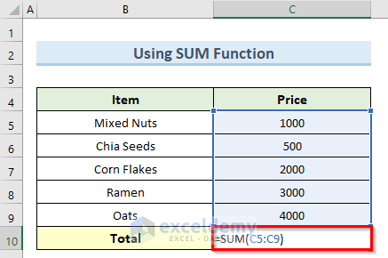 sum function to solve excel autosum not working