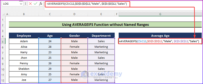 typing formula to use excel averageifs function with multiple criteria