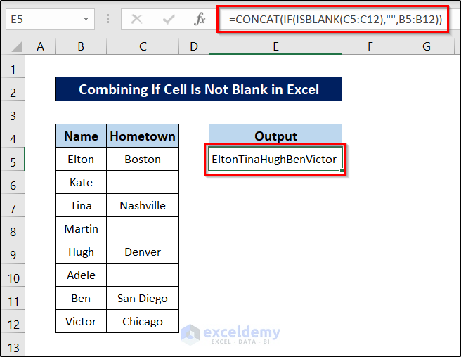 excel concatenate if not blank condition