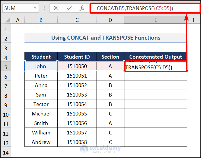Combining CONCAT and TRANSPOSE Functions to concatenate number and text in Excel