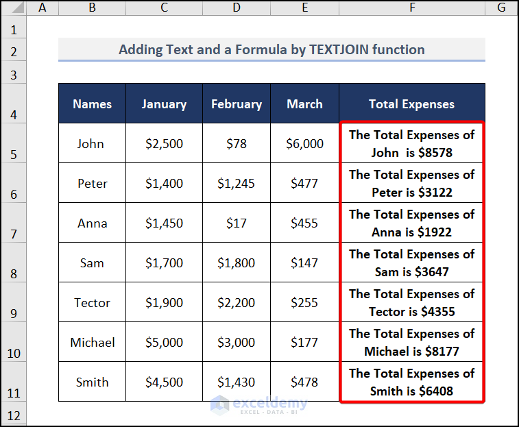 TEXTJOIN function to concatenate number and text with formula in excel
