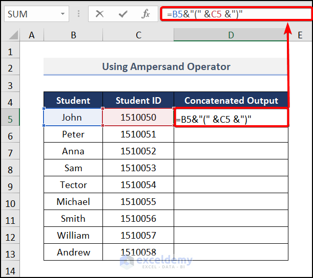 Using Ampersand Operator to concatenate number and text in Excel