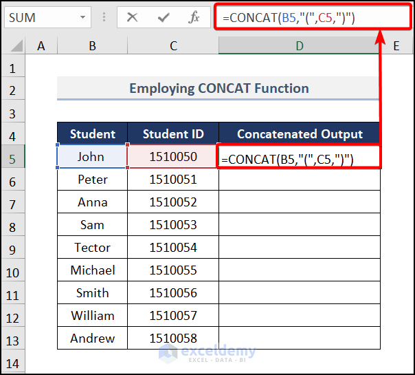 Employing CONCAT Function to concatenate number and text in Excel