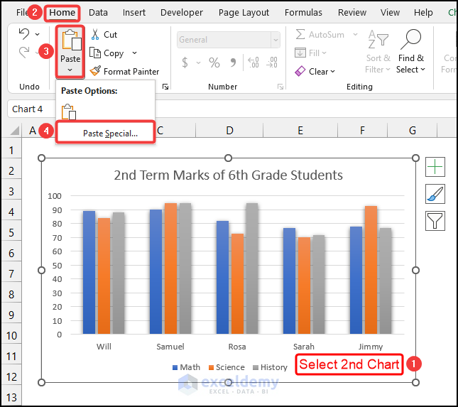 Using Paste Special option to copy chart without source data and retain formatting in Excel