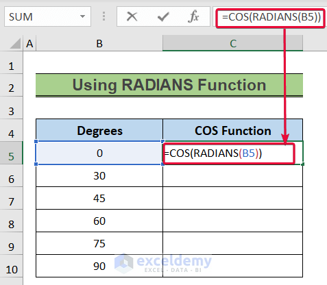 writing formula to use cos function with degrees