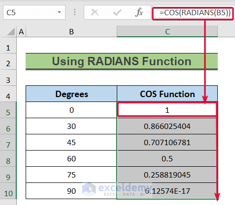 applying radians function to use excel cos function with degrees