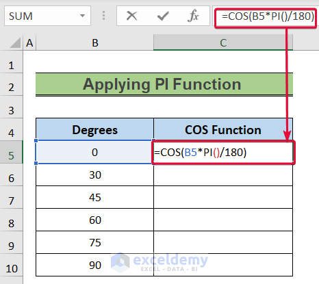 typing formulas to use excel cos function with degrees