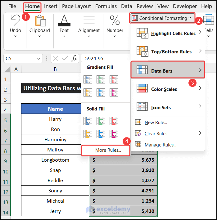 Launching Conditional Formatting dialog box to use data bars with percentage for employees' income