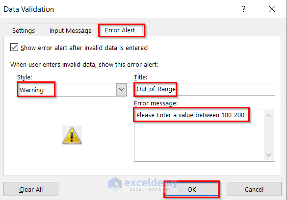 Setting Error Alert to Use Excel Formula Not to Exceed a Certain Value