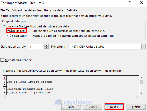 Apply Text Import Wizard to Import CSV with Delimiter