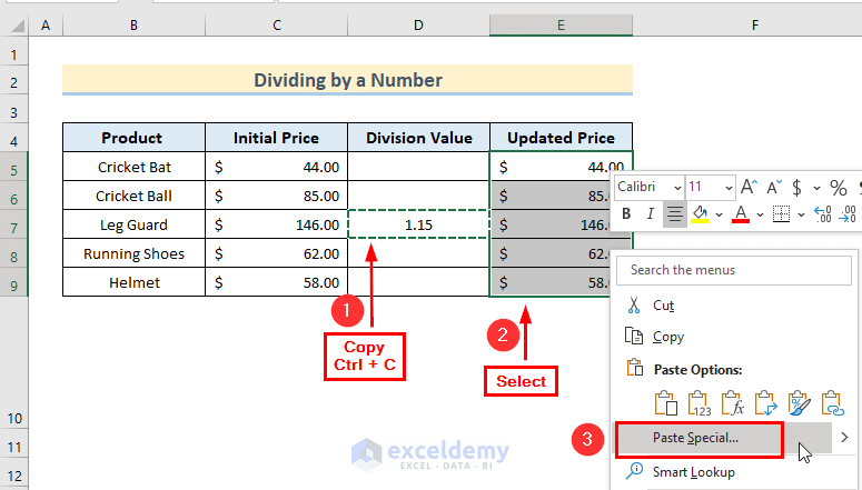 How to Use Paste Special to Divide Number in Excel