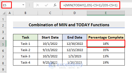 Create Formula Using Excel MIN and TODAY Functions for Calculating Percentage Complete