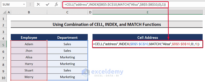 inserting formula in excel to return cell address of match