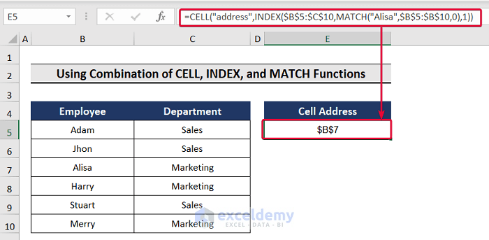 combining cell, index, and match in excel to return cell address of match