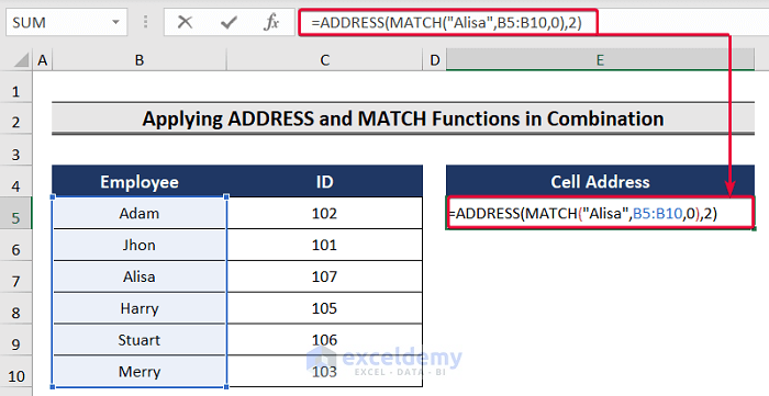 typing formula in excel to return cell address of match