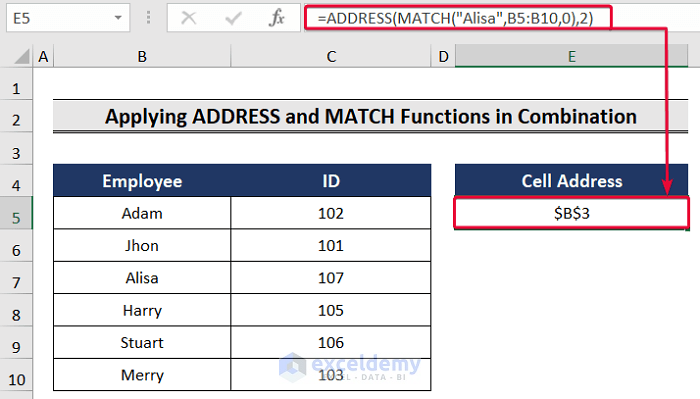 combining address and match functions in excel to return cell address of match
