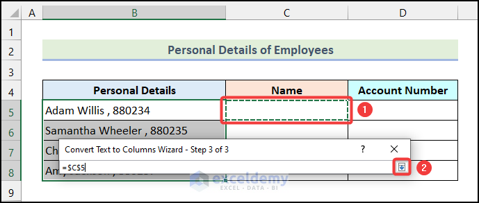 Selecting destination cell to apply Text to Columns Feature Using Word Delimiter in Excel