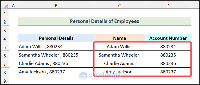 Final output of method 2 to apply Text to Columns Feature Using Word Delimiter in Excel