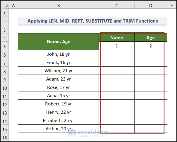 Applying LEN, MID, REPT, SUBSTITUTE and TRIM Functions