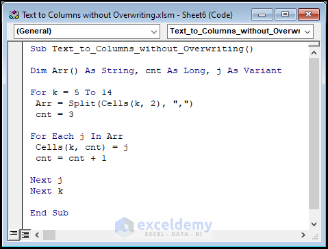 VBA Code to Convert text to columns without overwriting in Excel