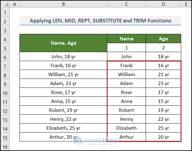 Applying LEN, MID, REPT, SUBSTITUTE and TRIM Functions to Convert Text to Columns without Overwriting in Excel