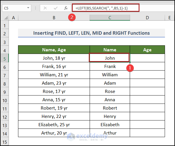 Inserting LEFT, LEN, RIGHT and SEARCH Functions
