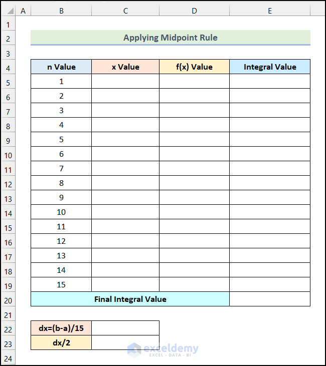 Integration by Midpoint Rule in Excel