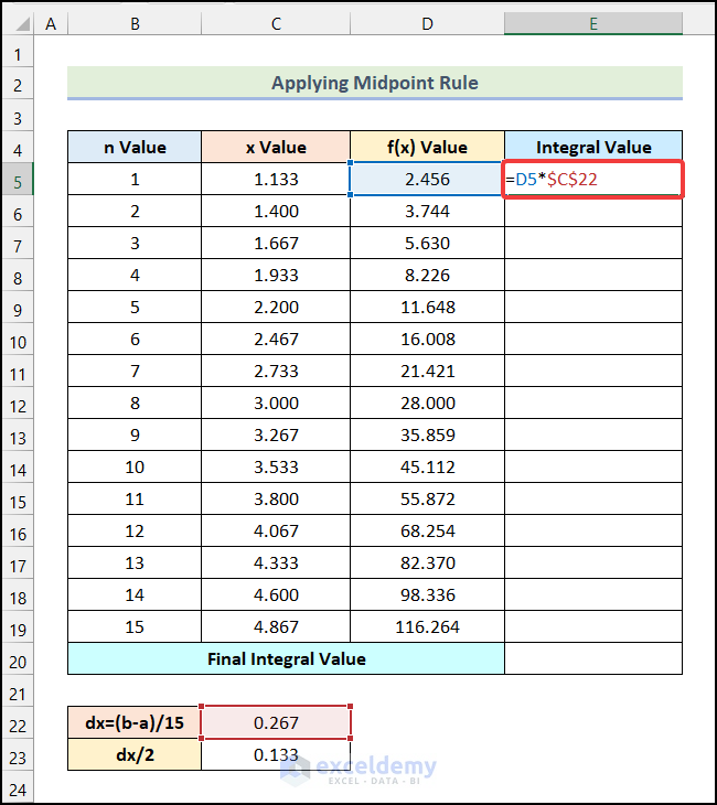  Calculate the Final Integral Value to do Integration by Midpoint Rule in Excel