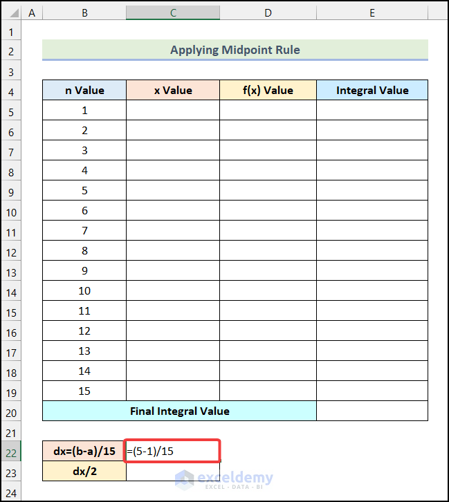 Calculate dx Value to do Integration by Midpoint Rule in Excel