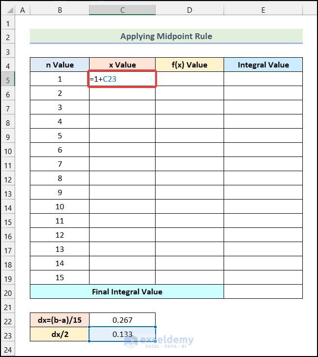 Find the x Value to do Integration by Midpoint Rule in Excel