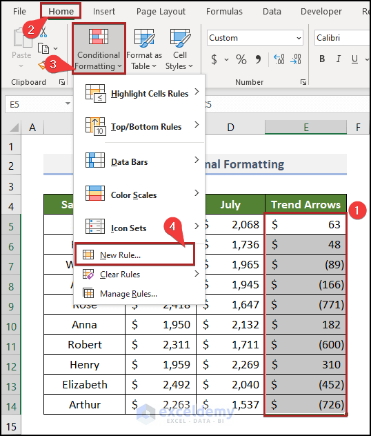 Applying Conditional Formatting to Add Trend Arrows based on Another Cell in Excel