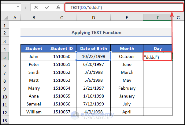 Using TEXT function extract month and day from date in excel 